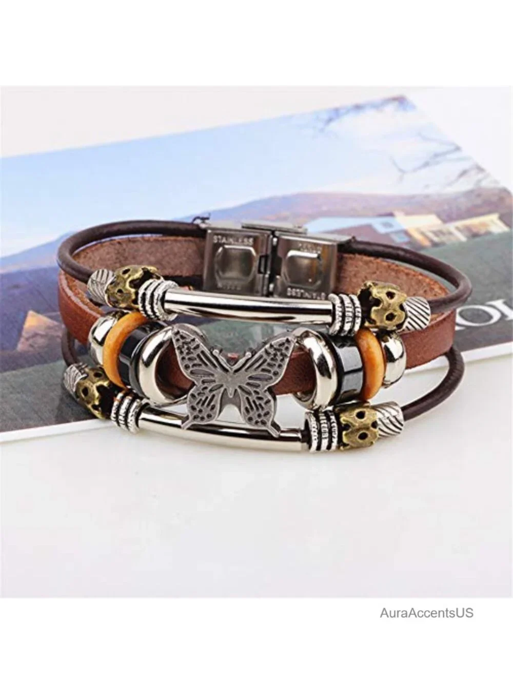 Bohemian Leather Multilayer Wrap Bracelet Cuff with Butterfly Charm